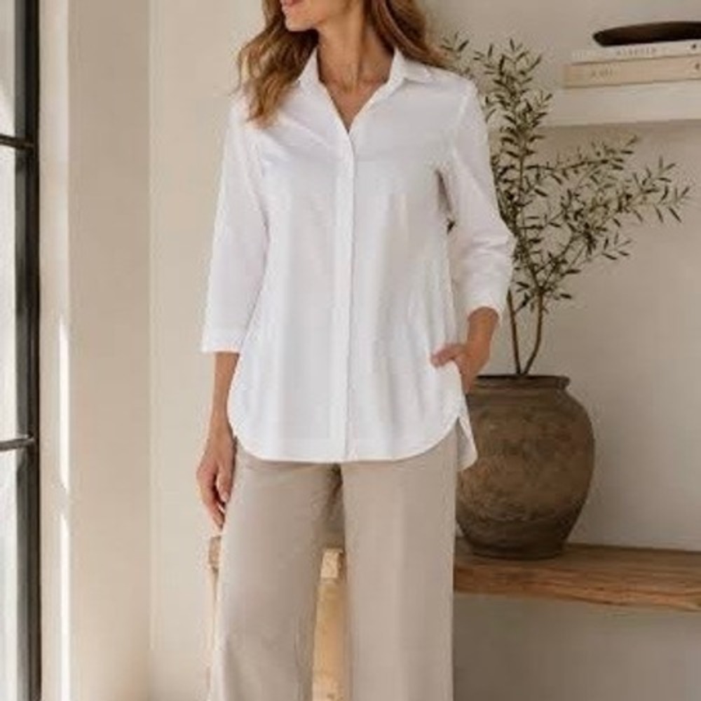 Lafayette 148 New York Marla White Tunic Shirt L Hidden Placket Oversized Poplin